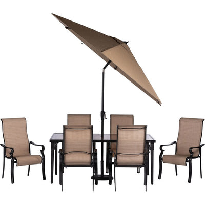 Brigantine Seven-Piece Outdoor Dining Set with Glass Top Table and 9' Umbrella