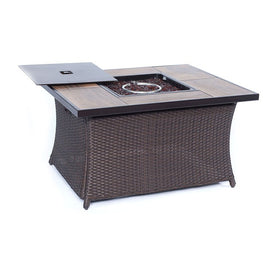 Woven 40,000 BTU Fire Pit Coffee Table with Woodgrain Tile Top