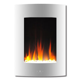 Electric Fireplace Vertical Wall Mount White 19 Inch Includes Crystals Curved Tempered Glass