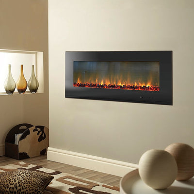 Electric Fireplace Metropolitan Wall Mount Black 56 Inch Includes Logs Tempered Glass 2 Settings