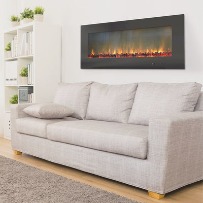Electric Fireplace Metropolitan Wall Mount Black 56 Inch Includes Logs Tempered Glass 2 Settings