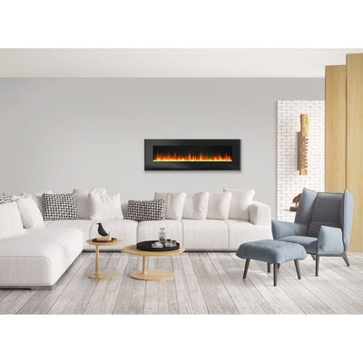 Electric Fireplace Wall Mount Black 60 Inch Includes Crystals Tempered Glass 2 Settings