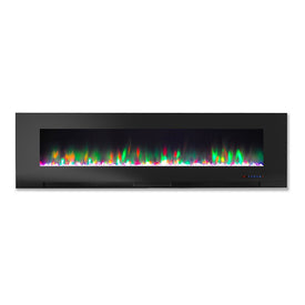 Electric Fireplace Wall Mount Black 60 Inch Includes Crystals Tempered Glass 2 Settings