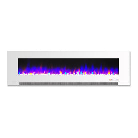 Electric Fireplace Wall Mount White 60 Inch Includes Crystals Tempered Glass 2 Settings