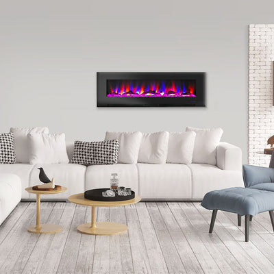 Electric Fireplace Wall Mount Black 60 Inch Includes Logs Tempered Glass 2 Settings
