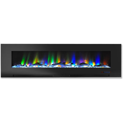 Electric Fireplace Wall Mount Black 60 Inch Includes Logs Tempered Glass 2 Settings