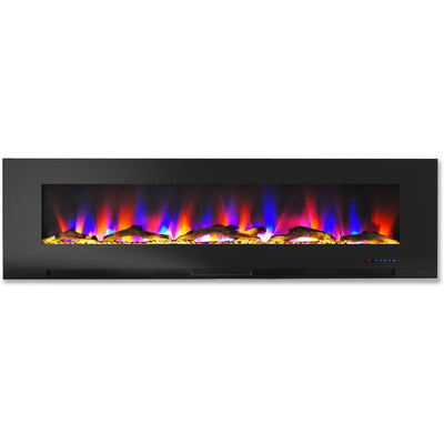 Electric Fireplace Wall Mount Black 60 Inch Includes Logs Tempered Glass 2 Settings