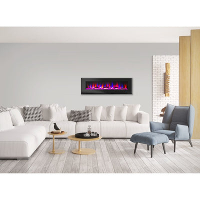 Electric Fireplace Wall Mount Black 60 Inch Includes Logs Tempered Glass 2 Settings
