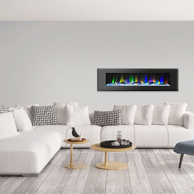 Electric Fireplace Wall Mount Black 72 Inch Includes Logs Glass 2 Settings