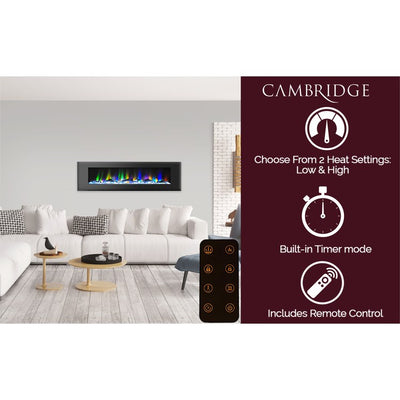 Electric Fireplace Wall Mount Black 72 Inch Includes Logs Glass 2 Settings