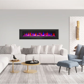 Electric Fireplace Wall Mount Black 78 Inch Includes Logs Glass 2 Settings