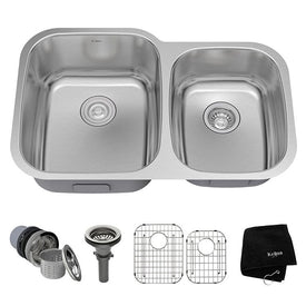 Premier 32" 60/40 Double Bowl Stainless Steel Undermount Kitchen Sink with NoiseDefend