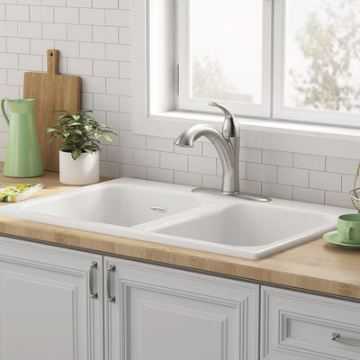 Quince 33" Equal Double Bowl Cast Iron Drop-In Kitchen Sink with 3 Holes