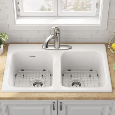 Quince 33" Equal Double Bowl Cast Iron Drop-In Kitchen Sink with 3 Holes