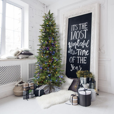 9-Ft. Carmel Pine Slim Artificial Christmas Tree with Multi-Color LED String Lights