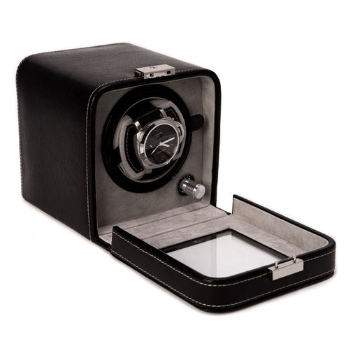 James Leather Single-Watch Winder with See-thru Glass Door and Locking Clasp - Black