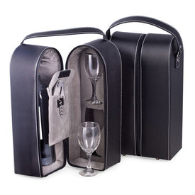 Leather Wine Caddy with Two Glasses and Bar Tool - Black