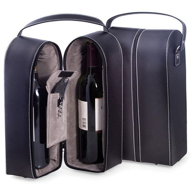 Leather Two-Bottle Wine Caddy with Corkscrew Bottle Cap Opener and Foil Cutter - Black