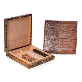 Croco Leather 12-Cigar Humidor with Spanish Cedar Lining and Humidistat - Brown