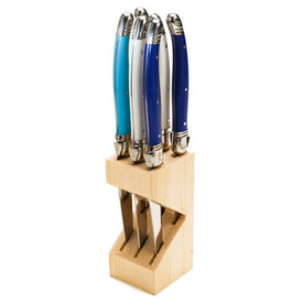 Jean Dubost Laguiole Six Steak Knives with Marina Shade Handles in Wood Block