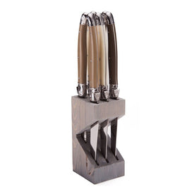 Jean Dubost Laguiole Six Steak Knives with Linen Handles in a Wood Block