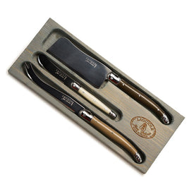 Jean Dubost Laguiole Three-Piece Cheese Set with Linen Handles in a Gray Box