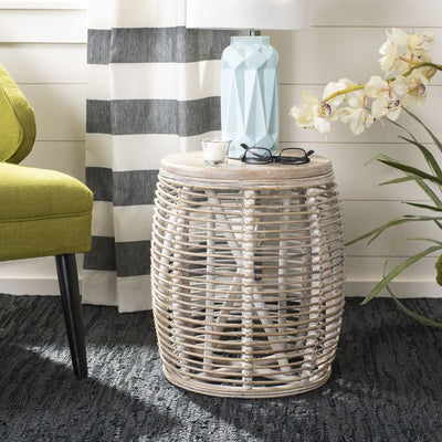 Maui Rattan Drum Stool Table - Gray White Wash