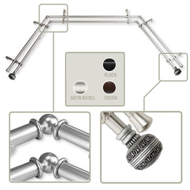 Margo 13/16" Bay Window Double Curtain Rod 20" - 36", 38" - 72" Long - Satin Nickel