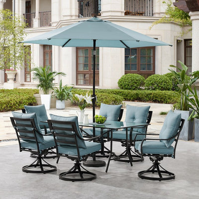 Lavallette Seven-Piece Dining Set with 66" x 38" Glass-Top Table and Umbrella