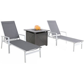 Naples Three-Piece Chaise Lounge Set with 40,000 BTU Tile-Top Fire Pit Table with Burner Cover