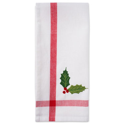Red/White Stripe Holly & Mistletoe Holiday Embroidered Dish Towels Set of 2