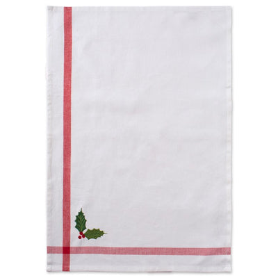 Red/White Stripe Holly & Mistletoe Holiday Embroidered Dish Towels Set of 2