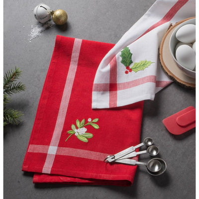 Red/White Stripe Holly & Mistletoe Holiday Embroidered Dish Towels Set of 2
