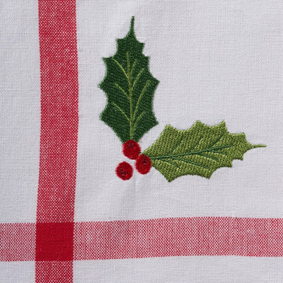 Red/White Stripe Holly & Mistletoe Holiday Embroidered Dish Towels Set of 2