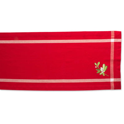 Red Embroidered Mistletoe Corner with Border 14" x 72" Table Runner