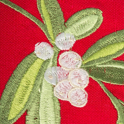 Red Embroidered Mistletoe Corner with Border 14" x 72" Table Runner