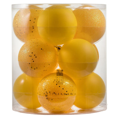 4" Yellow Four-Finish Ball Christmas Ornaments 12 Per Box