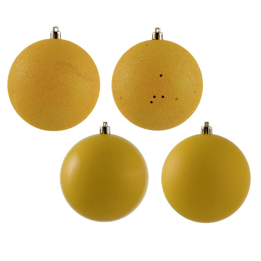 4" Yellow Four-Finish Ball Christmas Ornaments 12 Per Box