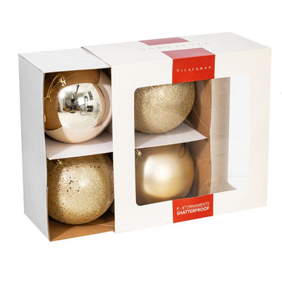 6" Champagne Four-Finish Ball Christmas Ornaments 4 Per Box