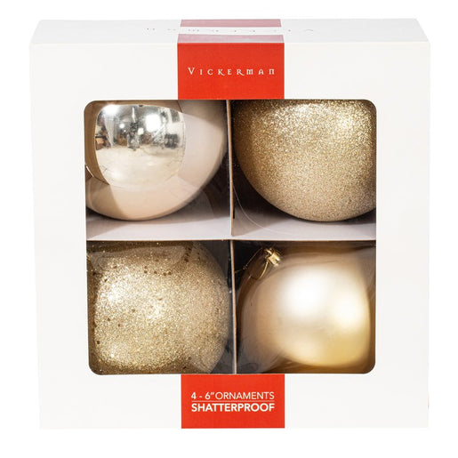 6" Champagne Four-Finish Ball Christmas Ornaments 4 Per Box