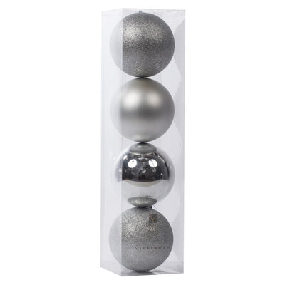 6" Silver Four-Finish Ball Christmas Ornaments 4 Per Box