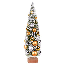 18" Vintage Tabletop Frosted Green Tree with Silver and Gold Ornaments and Wood Base