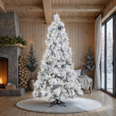 7.5' x 49" Pre-Lit Flocked Atka Pine Slim Artificial Christmas Tree with Warm White Wide-Angle LED Lights