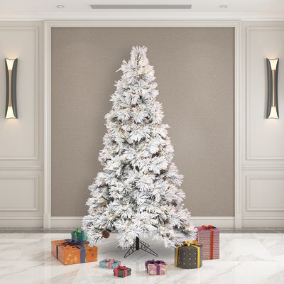 7.5' x 49" Pre-Lit Flocked Atka Pine Slim Artificial Christmas Tree with Warm White Wide-Angle LED Lights