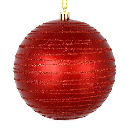 4.75" Red Candy Finish Ball with Glitter Lines 4 Per Bag