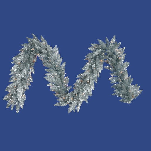 Vickerman 9' Sliver Artificial Christmas Garland, Warm White Dura-Lit LED lights.