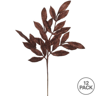 22" Chocolate Glitter Bay Leaf Artificial Christmas Sprays 12 Per Bag