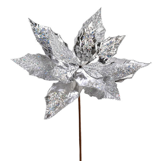 22" x 13" Silver Poinsettia Sequin Sprays 6 Per Bag