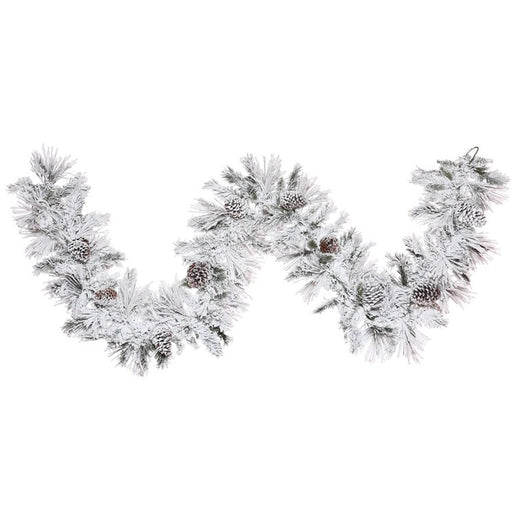 9' x 14" Unlit Flocked Atka Garland with Pine Cones
