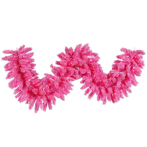 Vickerman 9' Flocked Pink Artificial Christmas Garland, Pink Dura-Lit LED lights.